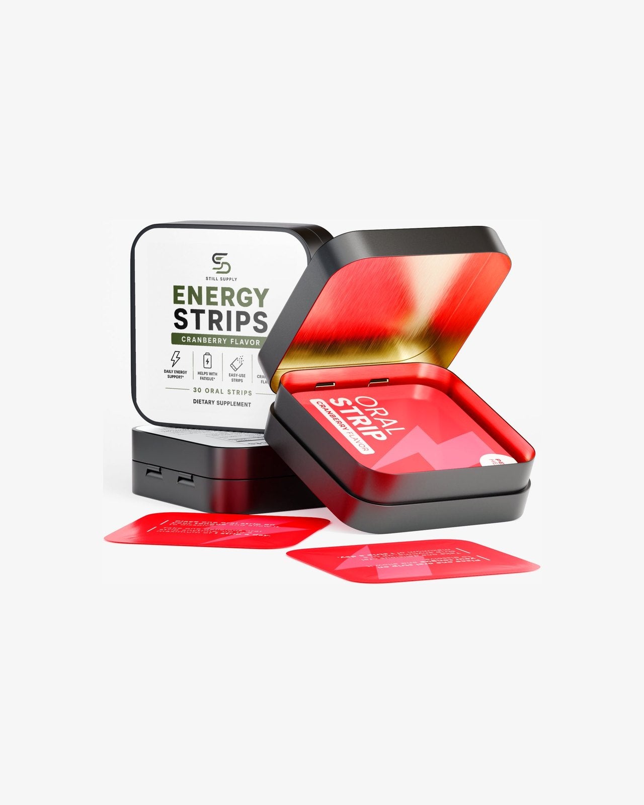 Open Still Supply Energy Strips tin with cranberry flavor strips
