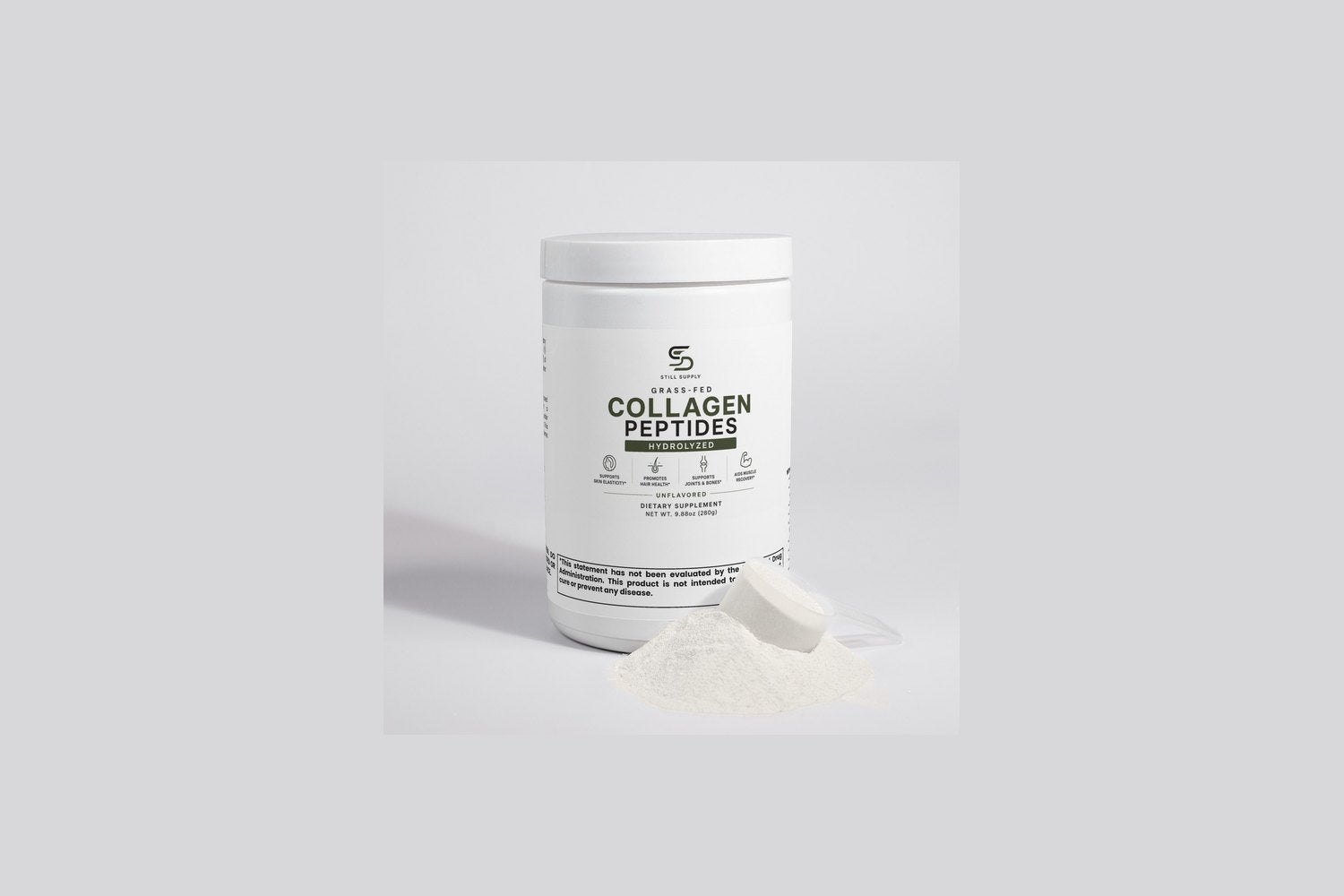 Still Supply Collagen Peptides tub with a scoop of powder