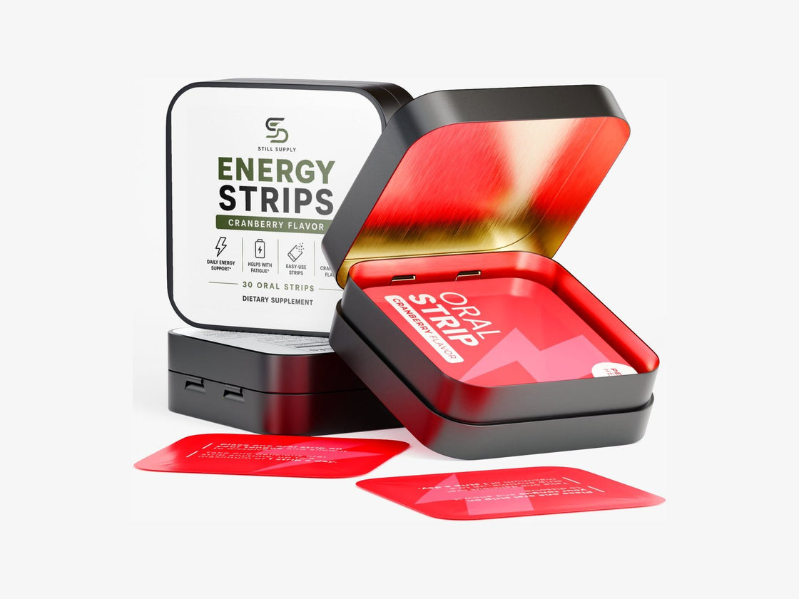 Open Still Supply Energy Strips tin with cranberry flavor strips