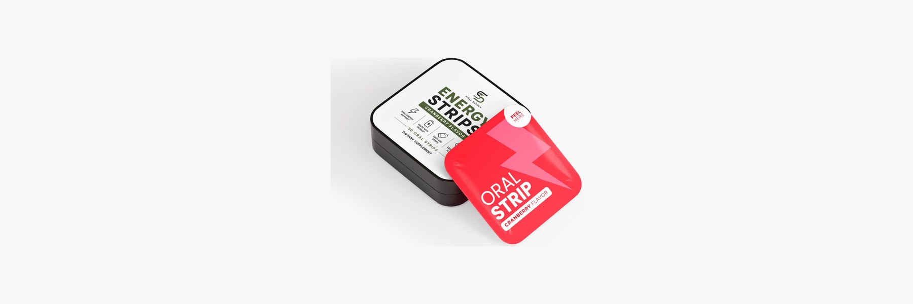 Still Supply Energy Strips tin with a cranberry oral strip pouch