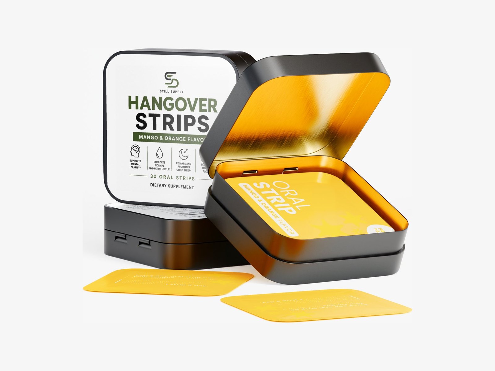Open Still Supply Hangover Strips tins stacked with strips fanned out