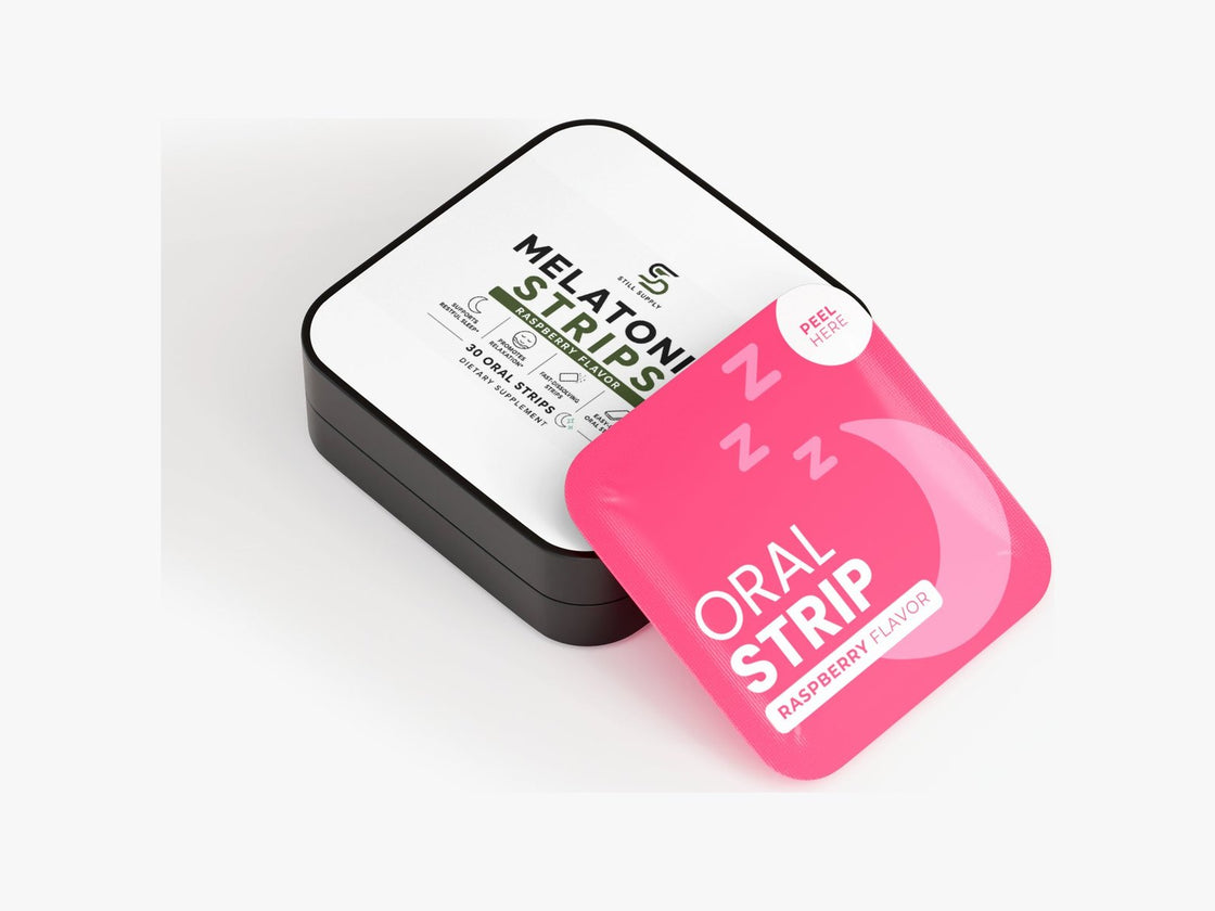 Still Supply Sleep Strips tin with a raspberry oral strip pouch
