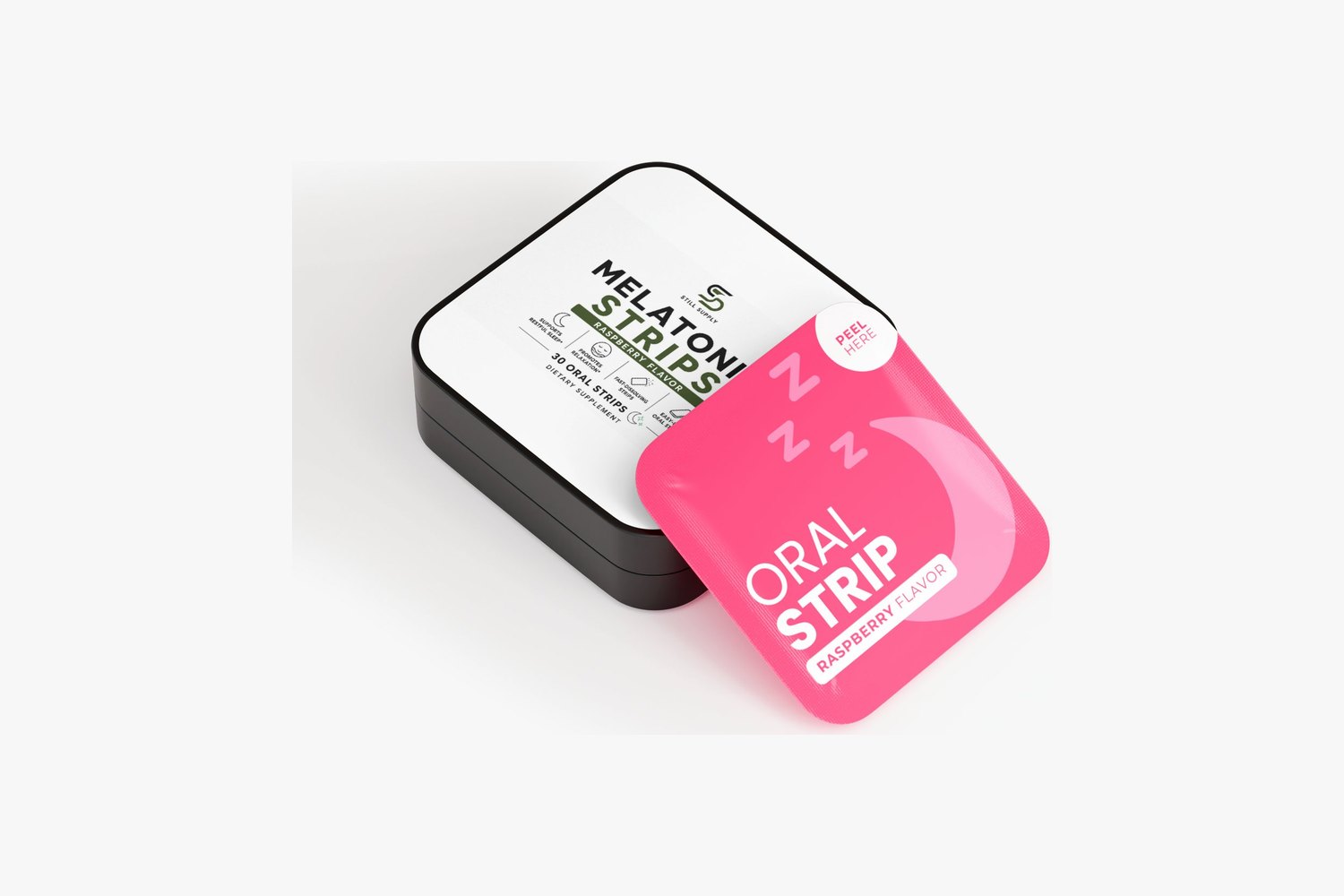 Still Supply Sleep Strips tin with a raspberry oral strip pouch