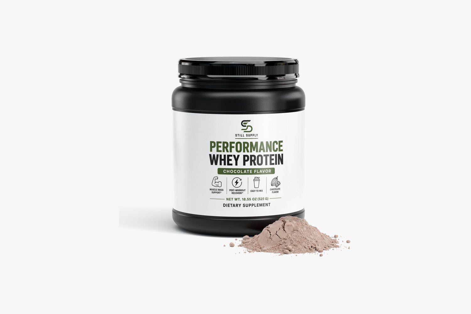 Still Supply Performance Whey Protein tub in chocolate